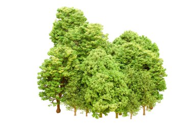 Beyaz arka planda yeşil ağaçlar. 3D görüntüleme. Doğa