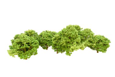 Beyaz arka planda yeşil ağaçlar. 3D görüntüleme. Doğa