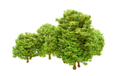 Beyaz arka planda yeşil ağaçlar. 3D görüntüleme. Doğa