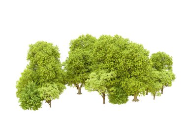 Beyaz arka planda yeşil ağaçlar. 3D görüntüleme. Doğa