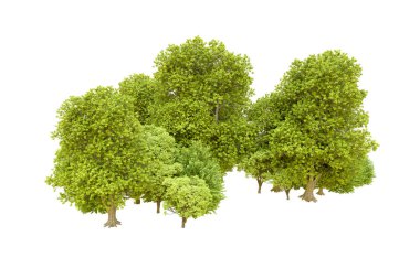 Beyaz arka planda yeşil ağaçlar. 3D görüntüleme. Doğa