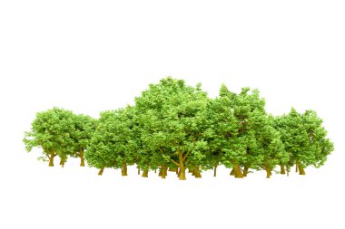 Beyaz arka planda yeşil ağaçlar. 3D görüntüleme. Doğa