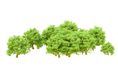 Beyaz arka planda yeşil ağaçlar. 3D görüntüleme. Doğa