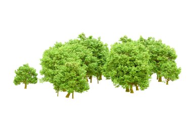 Beyaz arka planda yeşil ağaçlar. 3D görüntüleme. Doğa