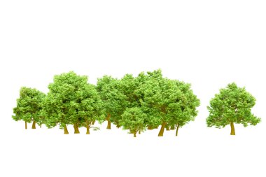 Beyaz arka planda yeşil ağaçlar. 3D görüntüleme. Doğa