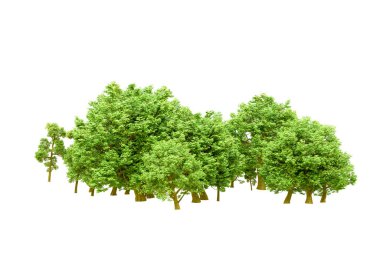 Beyaz arka planda yeşil ağaçlar. 3D görüntüleme. Doğa