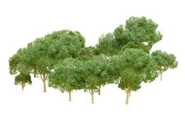 Beyaz arka planda yeşil ağaçlar. 3D görüntüleme. Doğa