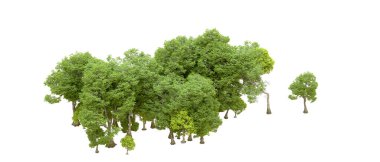 Beyaz arka planda yeşil ağaçlar. 3D görüntüleme. Doğa