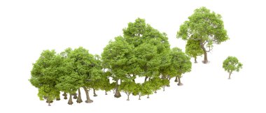 Beyaz arkaplanda 3 boyutlu yeşil ağaçların görüntülenmesi