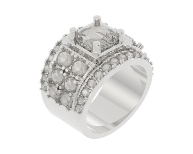  Beyaz arkaplanda elmaslar olan bir yüzük. 3d oluşturma