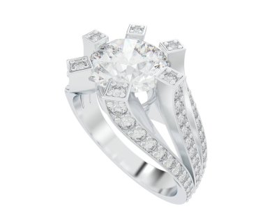  Beyaz arkaplanda elmaslar olan bir yüzük. 3d oluşturma