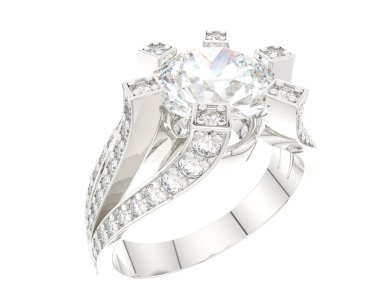  Beyaz arkaplanda elmaslar olan bir yüzük. 3d oluşturma