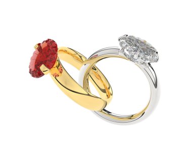 Beyaz arka planda izole edilmiş değerli taşları olan yüzükler. 