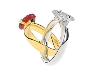 Beyaz arka planda izole edilmiş değerli taşları olan yüzükler. 