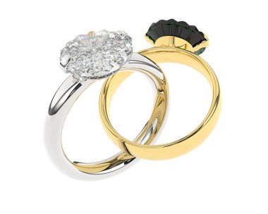 Beyaz arka planda izole edilmiş değerli taşları olan yüzükler. 