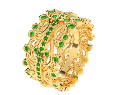 Beyaz arka planda izole edilmiş değerli taşları olan yüzük.. 