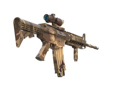 Gri arka planda dürbünlü makineli tüfek. 3d görüntüleme - illüstrasyon