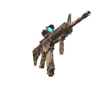 Gri arka planda dürbünlü makineli tüfek. 3d görüntüleme - illüstrasyon