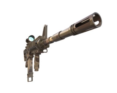 Gri arka planda dürbünlü makineli tüfek. 3d görüntüleme - illüstrasyon