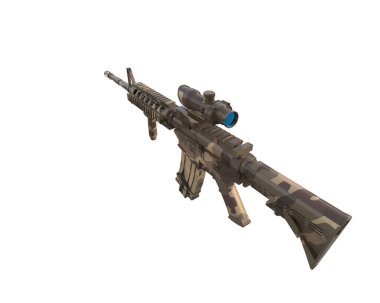 Beyaz arka planda izole edilmiş dürbünlü makineli tüfek. 3d görüntüleme - illüstrasyon