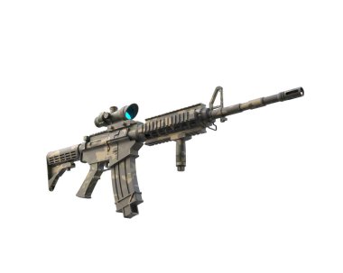 Gri arka planda dürbünlü makineli tüfek. 3d görüntüleme - illüstrasyon