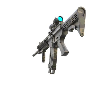 Gri arka planda dürbünlü makineli tüfek. 3d görüntüleme - illüstrasyon