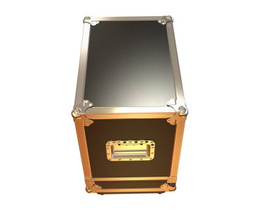 Beyaz arka planda siyah metal bavul.