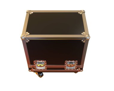 Beyaz arka planda siyah metal bavul.