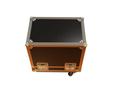 Beyaz arka planda siyah metal bavul.