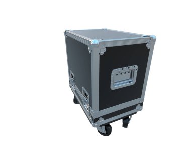 Beyaz arka planda siyah metal bavul.