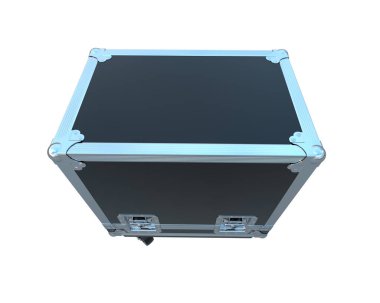 Beyaz arka planda siyah metal bavul.