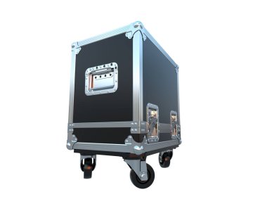 Beyaz arka planda siyah metal bavul.