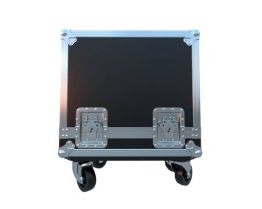 Beyaz arka planda siyah metal bavul.