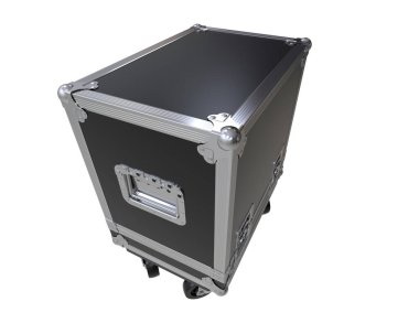 Beyaz arka planda siyah metal bavul.