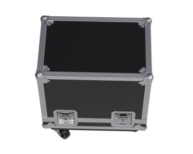 Beyaz arka planda siyah metal bavul.