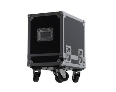 Beyaz arka planda siyah metal bavul.