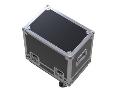 Beyaz arka planda siyah metal bavul.