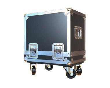 Beyaz arka planda siyah metal bavul.