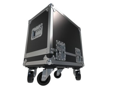 Beyaz arka planda siyah metal bavul.