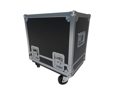 Beyaz arka planda siyah metal bavul.