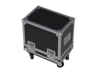 Beyaz arka planda siyah metal bavul.