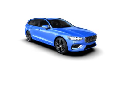 Üç boyutlu illüstrasyon. Modern mavi araba beyaz arka planda izole edildi. 