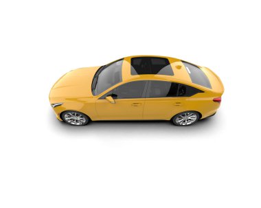 Beyaz arka planda sarı şehir arabası, 3 boyutlu..