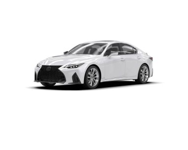 Üç boyutlu illüstrasyon. Beyaz arka planda modern beyaz araba izole edildi. 