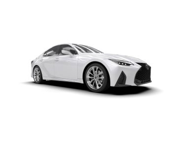 Üç boyutlu illüstrasyon. Beyaz arka planda modern beyaz araba izole edildi. 