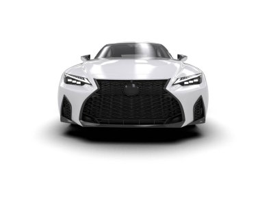 Üç boyutlu illüstrasyon. Beyaz arka planda modern beyaz araba izole edildi. 