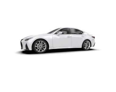 Üç boyutlu illüstrasyon. Beyaz arka planda modern beyaz araba izole edildi. 