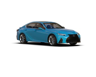 Üç boyutlu illüstrasyon. Modern mavi araba beyaz arka planda izole edildi. 