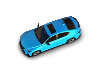 Üç boyutlu illüstrasyon. Modern mavi araba beyaz arka planda izole edildi. 