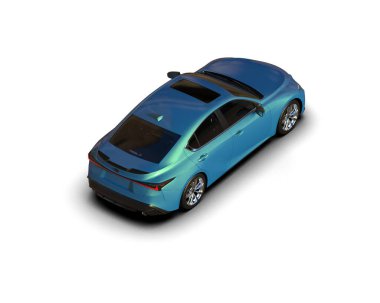 Üç boyutlu illüstrasyon. Modern mavi araba beyaz arka planda izole edildi. 